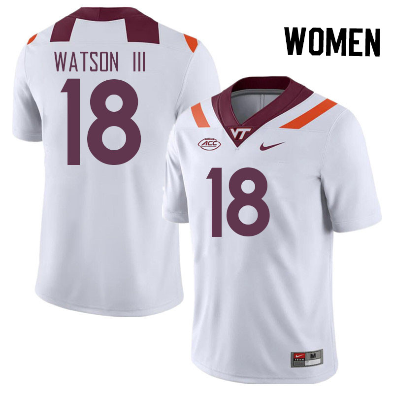 Women #18 William Watson III Virginia Tech Hokies College Football Jerseys Stitched Sale-White - Click Image to Close